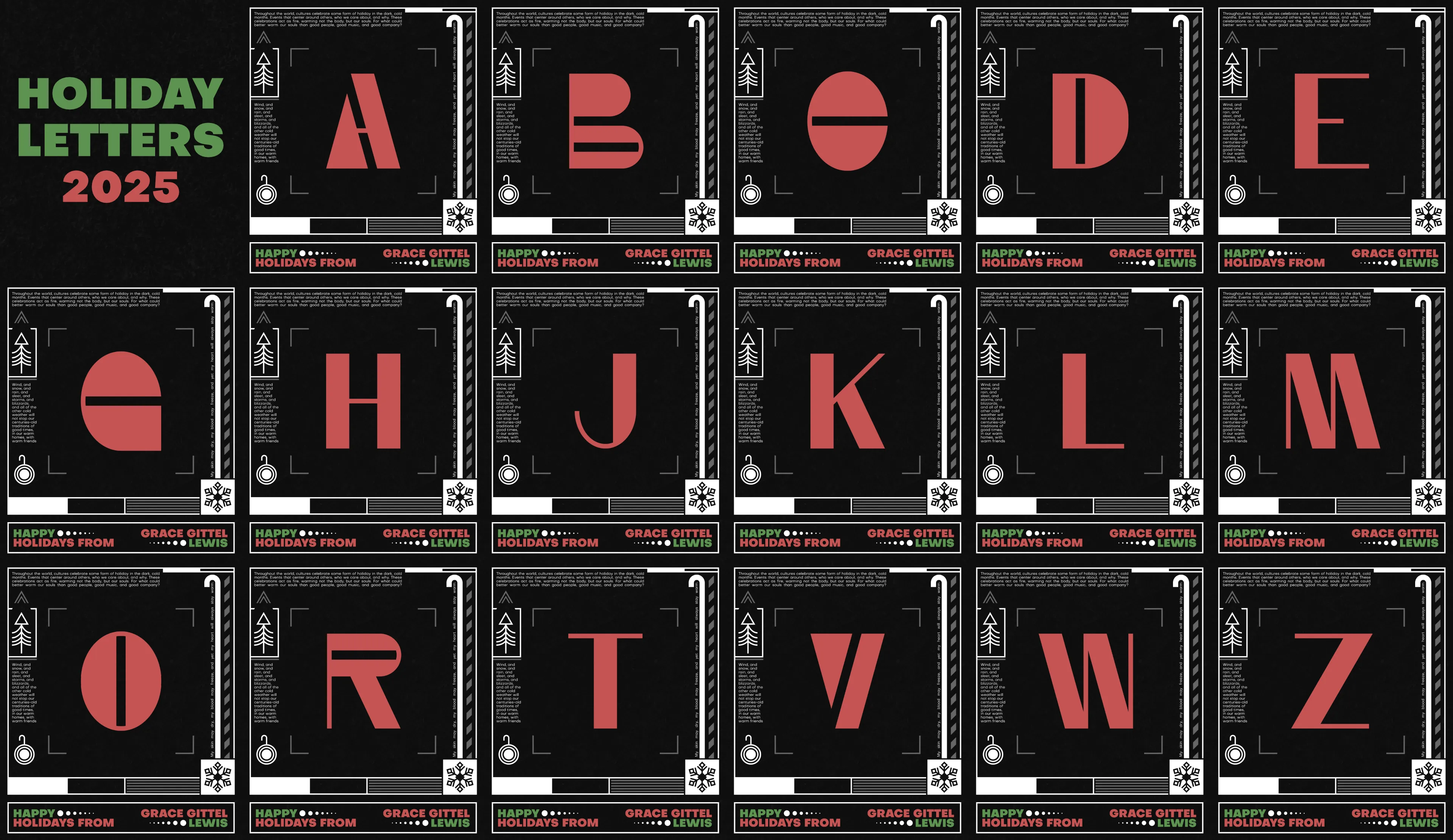 A collection of minimalist red letters arranged in 3 rows. The borders of each are detailed with various white shapes and text.